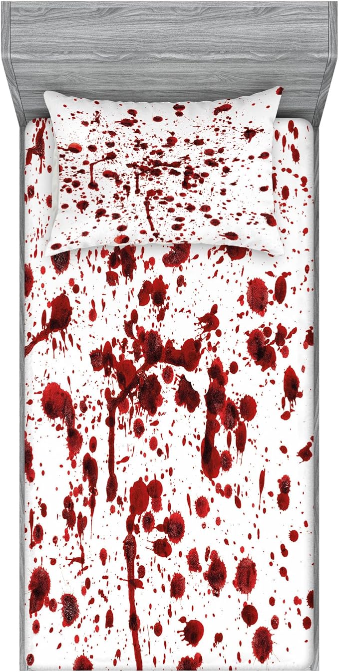 Ambesonne Horror Lover Fitted Sheet & Pillow Sham Set Splashes of Blood Grunge Style Bloodstain Horror Scary Zombie Halloween Print Decorative Printed 2 Piece Bedding Decor Set Twin, Scarlet White