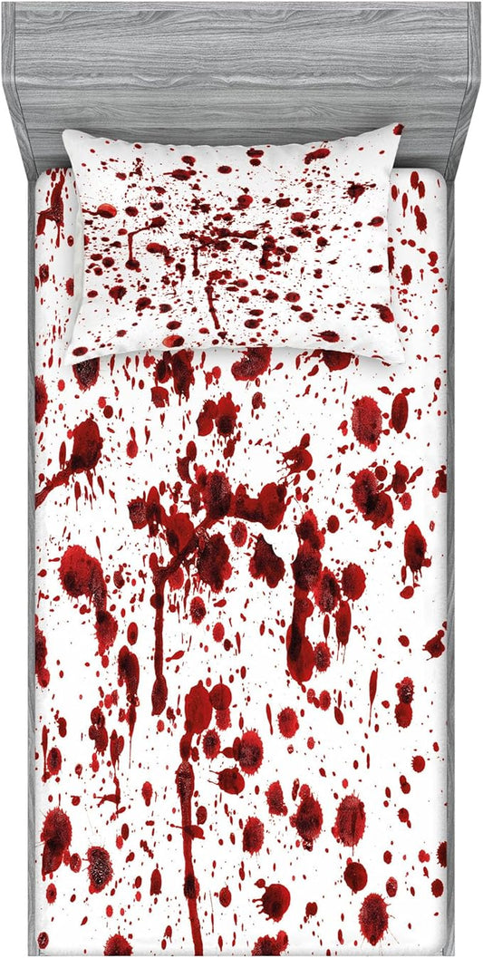 Ambesonne Horror Lover Fitted Sheet & Pillow Sham Set Splashes of Blood Grunge Style Bloodstain Horror Scary Zombie Halloween Print Decorative Printed 2 Piece Bedding Decor Set Twin, Scarlet White