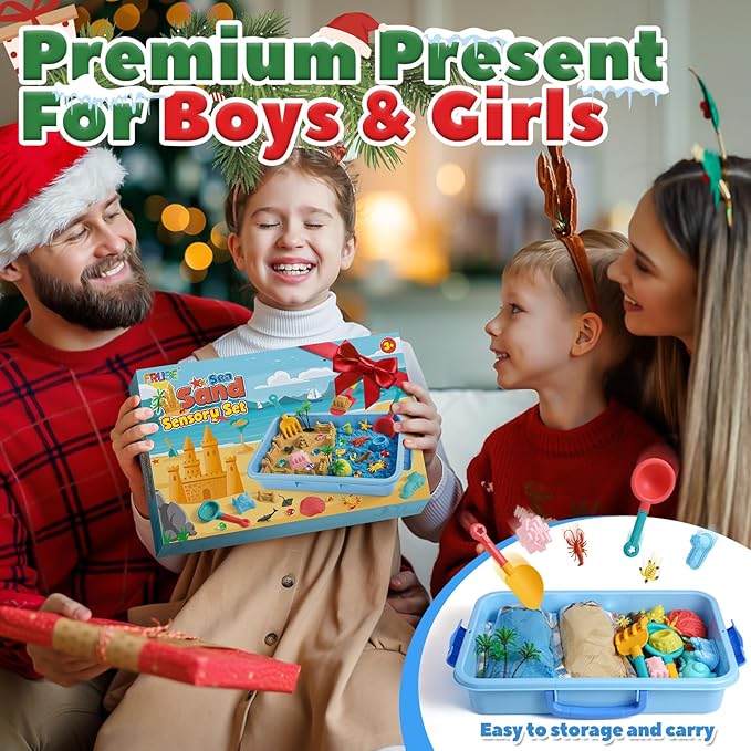 FRUSE Ocean Sensory Bin,Play Sand Art Kit with 2.2lbs Play Sand,12 Sea Animal Toys,Sand Molds,Role Play Beach Toy Sandbox Toys for Toddlers 3 4 5 6 7