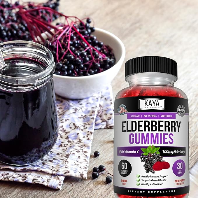 Kaya Naturals Immune Support - Powerful Immune & Healthy Antioxidant Vitamin Supplement Booster with Vitamin A, C, D & E, Elderberry, Zinc, Electrolytes, Non-GMO, Lemon Flavor (60 Gummies)