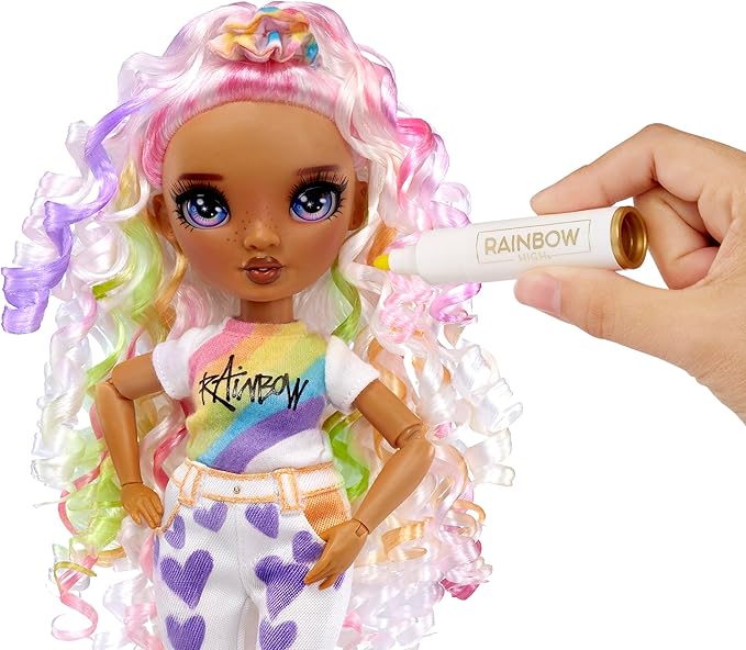 Rainbow High Color & Create Fashion DIY Doll with Washable Rainbow Markers, Purple Eyes, Curly Hair, Bonus Top & Shoes. Color, Create, Play, Rinse and Repeat. Creative 4-12+