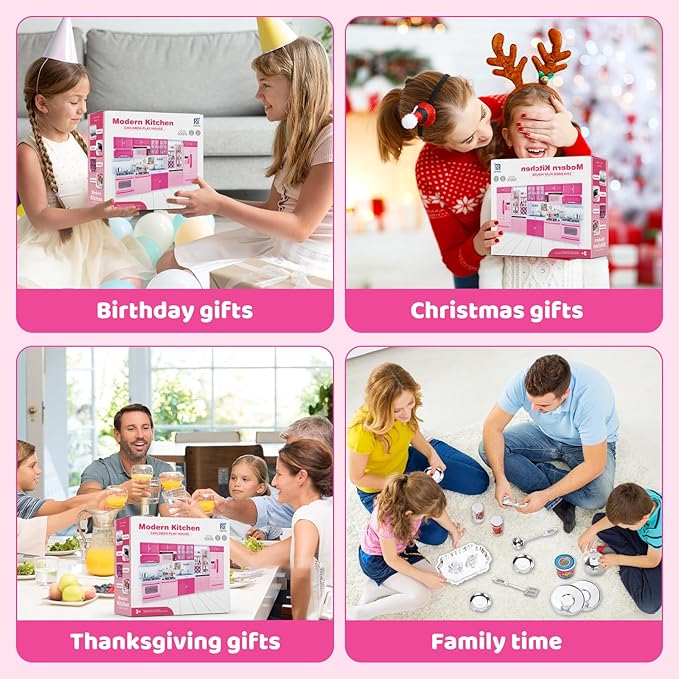 56PCS 5-in-1 Kids Kitchen & Dollhouse Playset – 51 Accessories & 5 Modular Setups, Realistic Lights & Sounds, Easy Assembly Pretend Cooking Toy for Girls Ages 3+