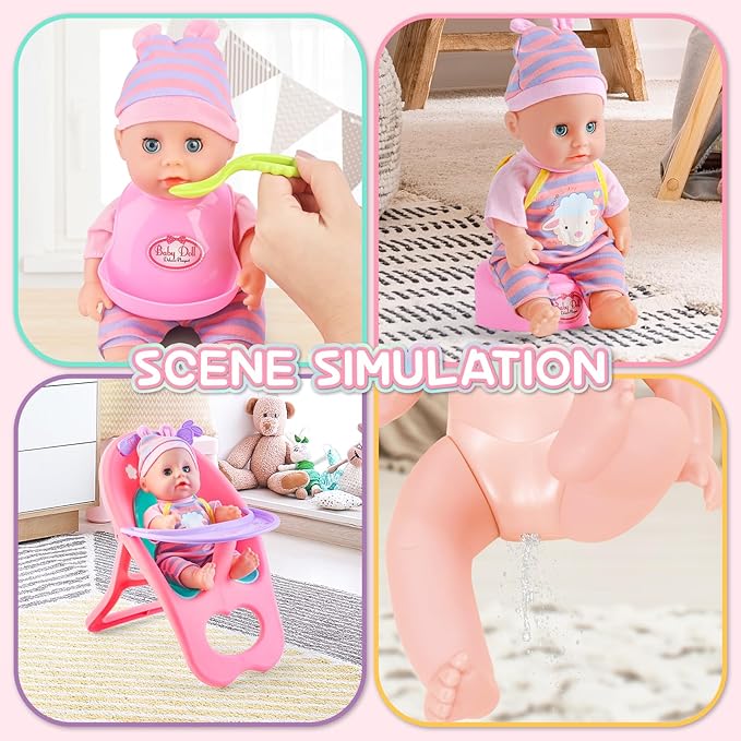 deAO 12” Baby Doll Play Set with Crib, Mobile, High Chair Feeding Accessories, Interactive Dolls for Girls Kids Pretend Play Baby Dolls 21 PCS