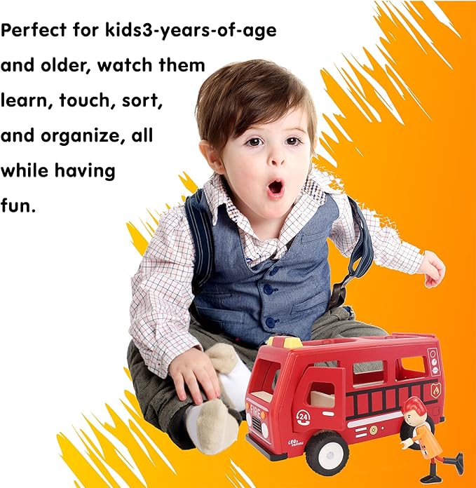 Leo & Friends Fire Truck Play Set - Wooden Kids Toy for 3-Year-Olds and Older - 3-Piece Educational Toy for Kids - Durable Wooden Toy Train Set for Toddles - Christmas Birthday Gifts