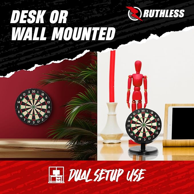 Ruthless Miniature Desk Top Dart Board Set for Home and Office - Includes Mini Steel Tip Darts, Choice of Surround and Mouse Mat