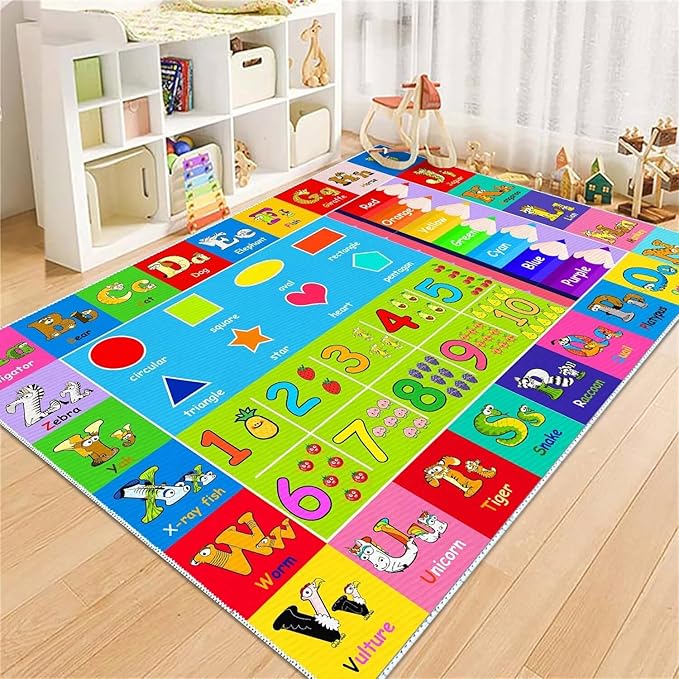 Kids Alphabet Play Game Rug - 6'x9' ABC Numbers and Shapes Educational Learning Toddler Carpet - Kids Room Playroom Classroom Kindergarten Activity Fun Soft Non-Slip Mat