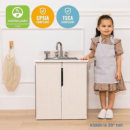 ECR4Kids Play Kitchen Sink, Wooden Playset, White Wash