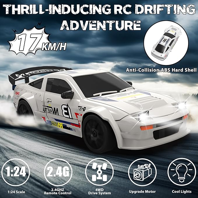RC Drift Car, 1/24 Remote Control Car, 2.4Ghz 17KM/H High Speed RC Cars with LED Lights, Extra Tires, 2 Rechargeable Batteries, 4WD Racing Car Toys Christmas Birthday Gift for Kids Boys Girls Adults