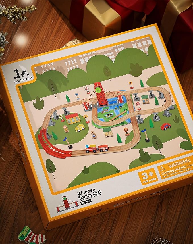 SainSmart Jr. Wooden Train Set for Toddler, Double-Side Wood Train Track with 4 Trains Fits Brio, Thomas, Melissa and Doug, Toy Railway Kit for Kids Ages 3+