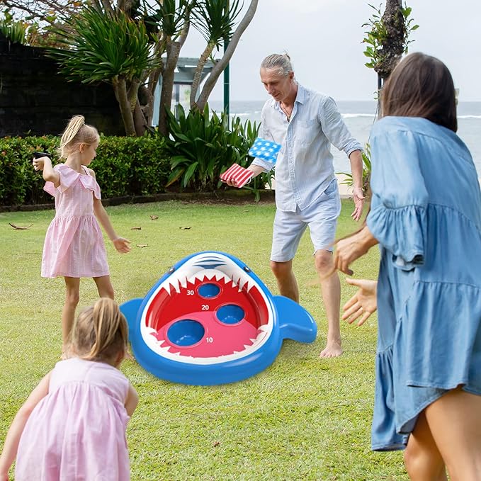 Eaglestone 2 PCS Pool Shark Cornhole Toys for Kids, Inflatable Swimming Pool Toys for Adults Family, 8 Bean Bags Toss Game w/Sandbag Anchor, Floating Outdoor Beach Toys for Pool Game Party, Water Toy