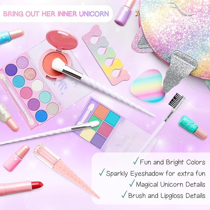 Kids Real Makeup Kit for Girls: No Talc, Washable Make Up Set with Unicorn Purse - Toy Gift for Little Girls & Toddlers Age 3 4 5 6 7 8 9 10 11 12 Years Old - Pretend Play Birthday Gifts