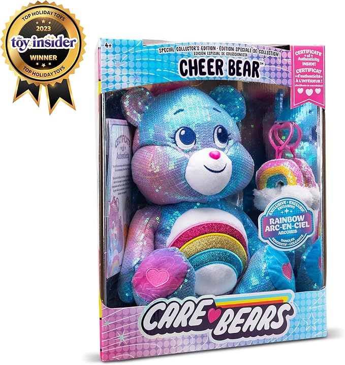 Care Bears Sequin Plush, Cheer Bear Plushie for Ages 4+ Perfect Stuffed Animal, Super Soft and Cuddly – Good for Girls and Boys, Employees, Collectors, Great Valentines Day Gift for Kids
