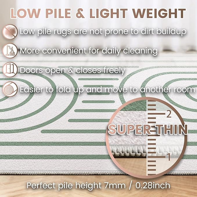 Washable 5x7 Modern Area Rug for Living Room, Sage Green Minimalist Artistic Abstract Large Rug, Ultra Thin Low Pile Lightweight Soft Indoor Carpet with Nonslip Backing for Home Bedroom Kids Play Room