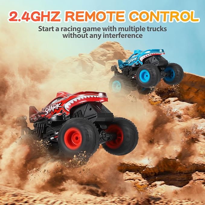 Remote Control Car, 2.4Ghz All Terrain Shark Monster Truck Toys, RC Truck with Music, 3 Lighting Effects, 360 Stunt Capable, All Included Ready to Run, Toy Gifts for Boys and Girls (Blue)