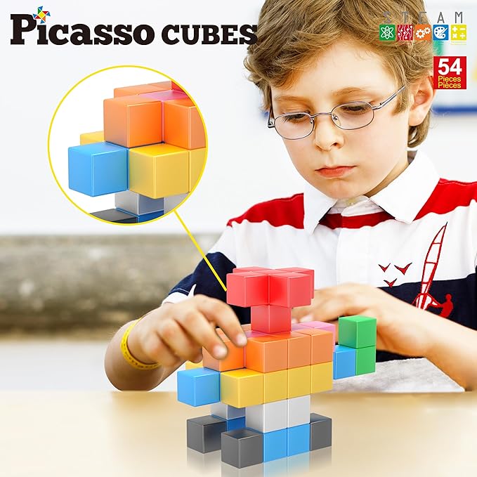 PicassoTiles Magnet Cube Building Blocks 1.2" 3CM Magnetic Cubes Toy Construction Building Educational Sensory Toys with Idea Booklet for School & Preschool Kids Boys Girls Toddlers PMC301