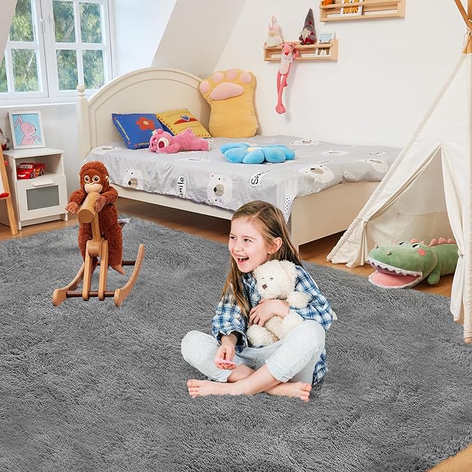 5X8 Ultra Soft Rug for Living Room, Fluffy Shag Area Rug for Bedroom, Modern Shaggy Carpets Fuzzy Rug for Teens Dorm Nursery Home Decor Aesthetic, Upgrade Anti-Skid Durable, Grey