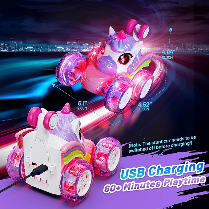 Carsky Unicorn Remote Control Car for Girls,360°Stunt RC Cars Rotation 4WD Remote Cars with LED Lights,Fun Indoor Outdoor Toys for Kids,Chritmas Easter Birthday Gift for 3 4 5 6 Year Old Girl