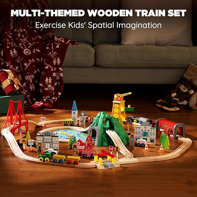SainSmart Jr. 112-Piece Wooden Train Set for Toddler – Double-Sided Train Tracks, Compatible with Brio, Thomas, Melissa & Doug – Perfect Wood Toy for Boys and Girls
