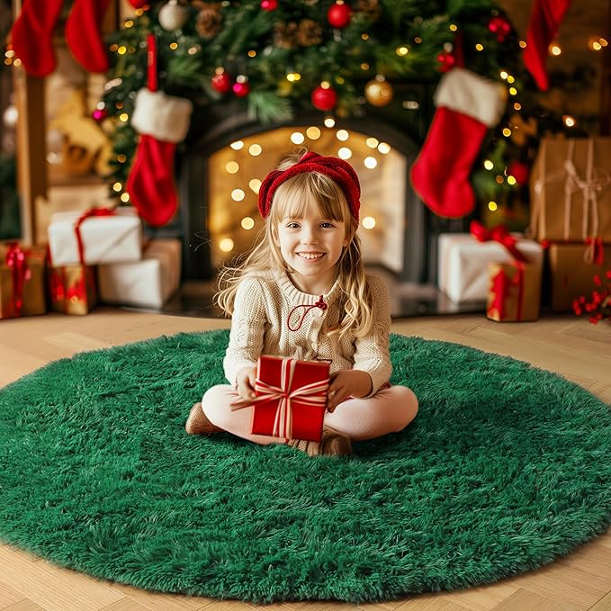 Amdrebio Dark Green Round Rug 4Ft for Bedroom, Fluffy Fuzzy Circle Area Rugs for Living Room Decor, Shaggy Emerald Green Rugs for Kids, Teen Boys, Baby Nursery, Furry Plush Floor Carpet for Classroom
