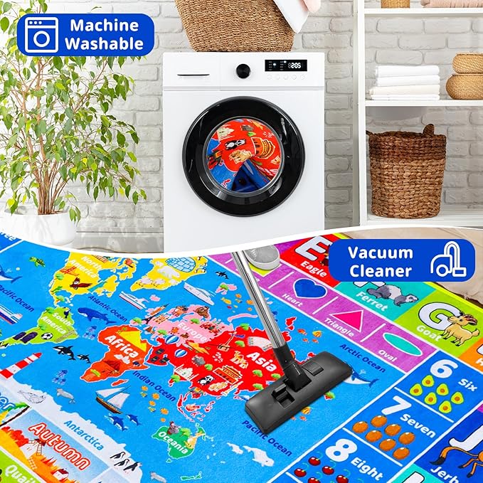 World Map ABC Kid Rug for Playroom 78.7"×59" Geography Classroom Play Rug Educational Baby Playmat Alphabet Mat for Primary School Fluffy Non-Slip Preschool Carpet Nursery Room Elementary Learning