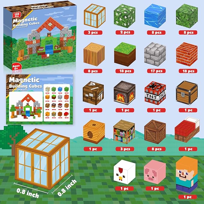 Magnetic Blocks-100PCS Grassland Building Blocks Set, Kids Classroom Sensory Toy, STEM Learning, Construction Stacking Toy for Kids 3+ Boys & Girls