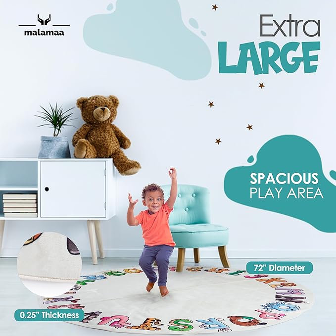 ABC Rug for Kids XL 72", Toddlers and Baby - Use in Nursery and Classroom to learn the alphabet - Nursery Rug, Alphabet Rug, Kids Rugs for Playroom, Rugs for Classroom, Play Rug (Circle Yellow)