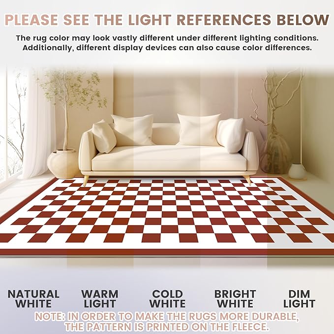 Washable 4x6 Checkered Area Rug for Living Room, Dark Red Checkerboard Modern Boho Large Rugs, Ultra Thin Low Pile Lightweight Indoor Carpet with Non-Slip Backing for Bedroom Kids Nursery Play Room