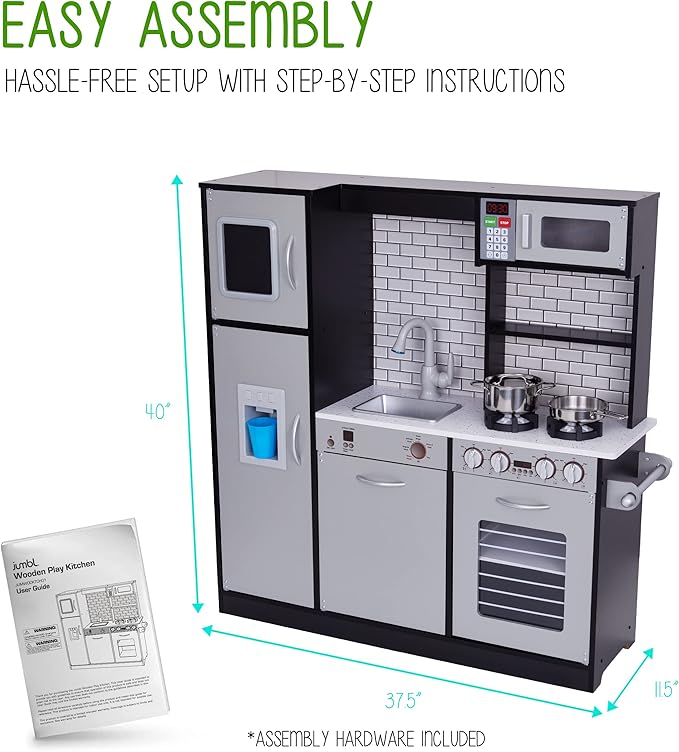 Lil' Jumbl Kids Kitchen Set, Pretend Wooden Play Kitchen, Battery Operated Icemaker, Burners, Faucet & Microwave Makes Realistic Sound & Light, Pots & Pan Included - Charcoal