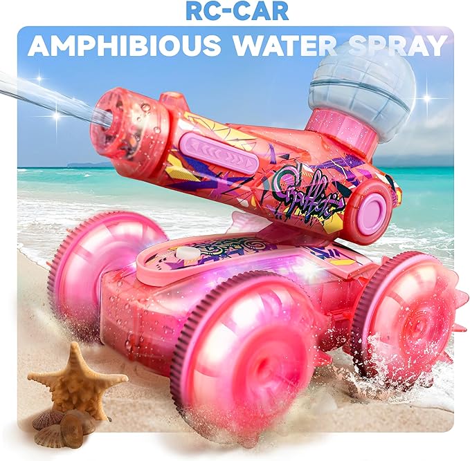 BEZGAR Amphibious Remote Control Car Toys for Ages 6-8, Rc Stunt Car with Water Gun for Boys and Girls 8-12, Remote Control Boat with Light Beach and Pool Toys for Kids (Pink)