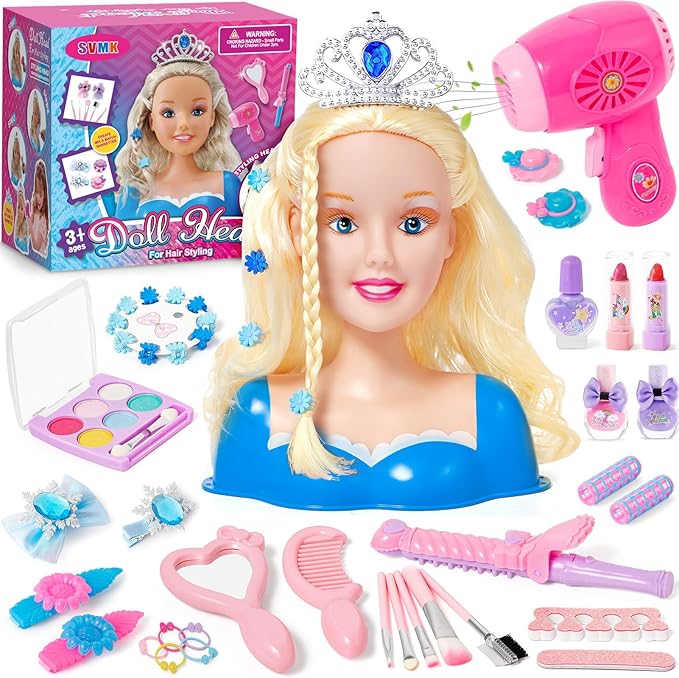 Hair Styling Doll Head Makeup for Girls Toys Kids Practice Pretend Play Beauty Set with Hairdryer Curling Iron Crown Brushes Comb Accessories Birthday Gifts for Girls 3 4 5 6+ Years Old Christmas