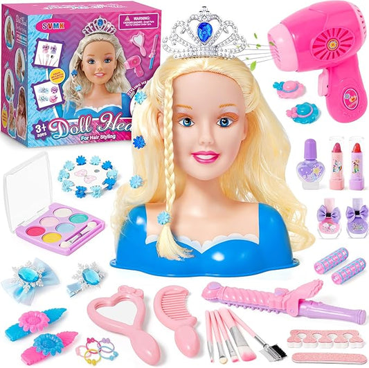 Hair Styling Doll Head Makeup for Girls Toys Kids Practice Pretend Play Beauty Set with Hairdryer Curling Iron Crown Brushes Comb Accessories Birthday Gifts for Girls 3 4 5 6+ Years Old Christmas