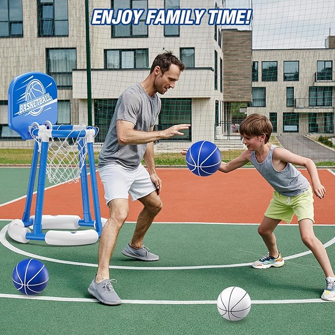 Pool Basketball Hoop Poolside with Backboard, Floating Pool Toys with 4 Basketballs/4 Water Balloons/Pump, Swimming Pool Games for Kids & Adults Indoor Outdoor Play, Blue