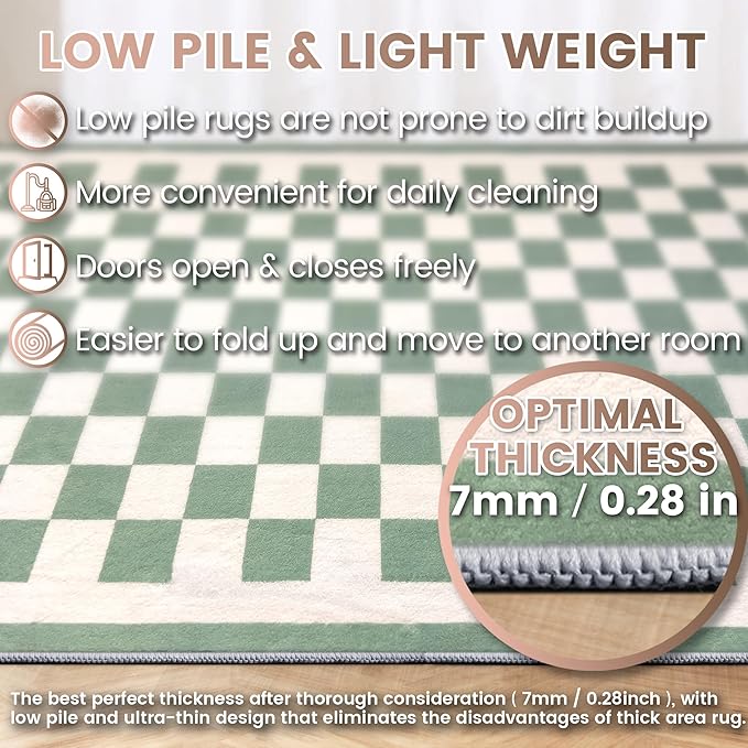 Washable 5x7 Checkered Area Rug for Living Room, Sage Green Checkerboard Modern Boho Large Rugs, Ultra Thin Low Pile Lightweight Indoor Carpet with Non-slip Backing for Bedroom Classroom Playroom Kids