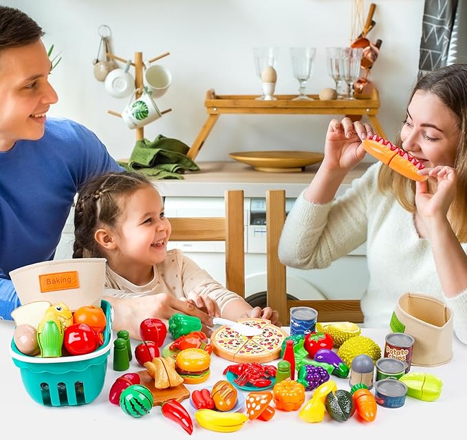 ilauke 87Pcs Cutting Play Food Toy for Kids Kitchen, Pretend Play Food Set for Toddlers with Interactive Cutting Kitchen Toys, Learning Toys Play Food Set for Daycare Educational Toy