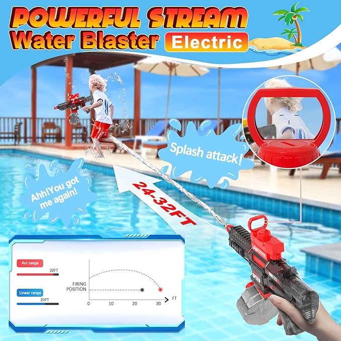 2025 Electric Water Guns for Adults Kids, Automatic Water Gun Toy for Kids Ages 4-8 8-12, Large Capacity High Power, 32ft Ultra-Long Range, Summer Pool Outdoor Beach Water Toys for Boys Girls（Red）