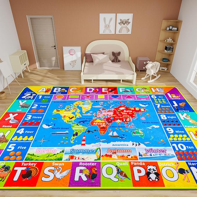 World Map ABC Kid Rug for Playroom 78.7"×59" Geography Classroom Play Rug Educational Baby Playmat Alphabet Mat for Primary School Fluffy Non-Slip Preschool Carpet Nursery Room Elementary Learning