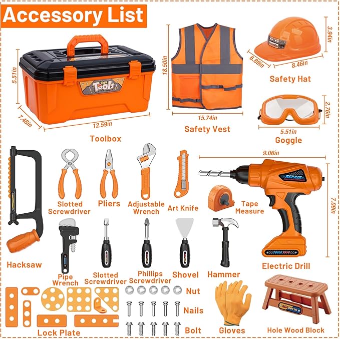 Kids Tool Set,MAGIC4U 50PCS Toddler Tool Set with Electronic Toy Drill,Tape Measure 12 Tool Equipements,Pretend Play Construction Coustume with Safety Vest Hat,Toy Tool Box for Kids Boy Girl Age 3-8