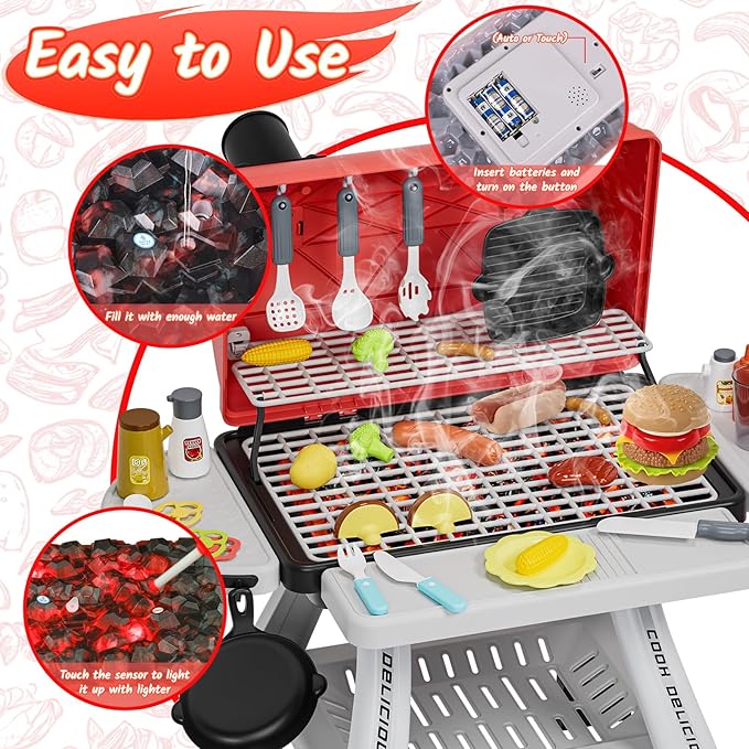 Kids Toys Kitchen Playset, BBQ Grill Playset with Smoke, Sound & Light, Toy Grill for Kids, Pretend Play Food Hamburger, Interactive Toys Barbecue Cooking Game for Toddlers Boys Girls 3-5