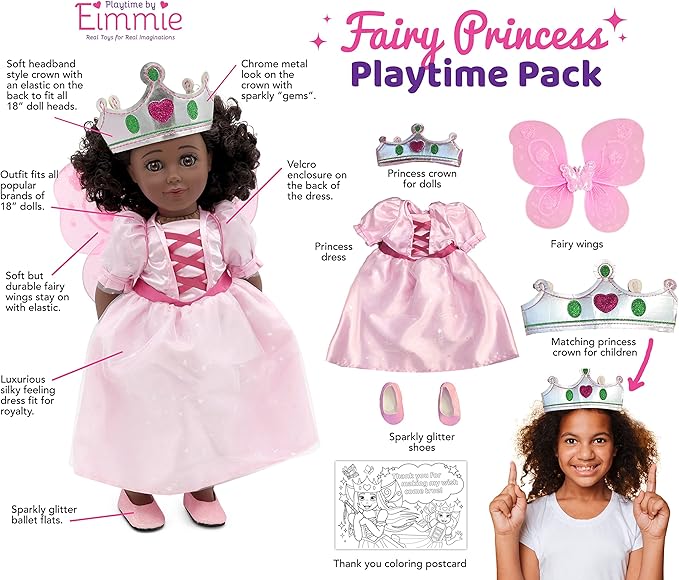 Playtime by Eimmie 18 Inch Doll Clothes and Accessories - Fairy Dress Set with Wings, Matching Crown & Shoes - Magical Clothing Sets & Stuff - Fits American, Generation & Other 18" Dolls for Girls