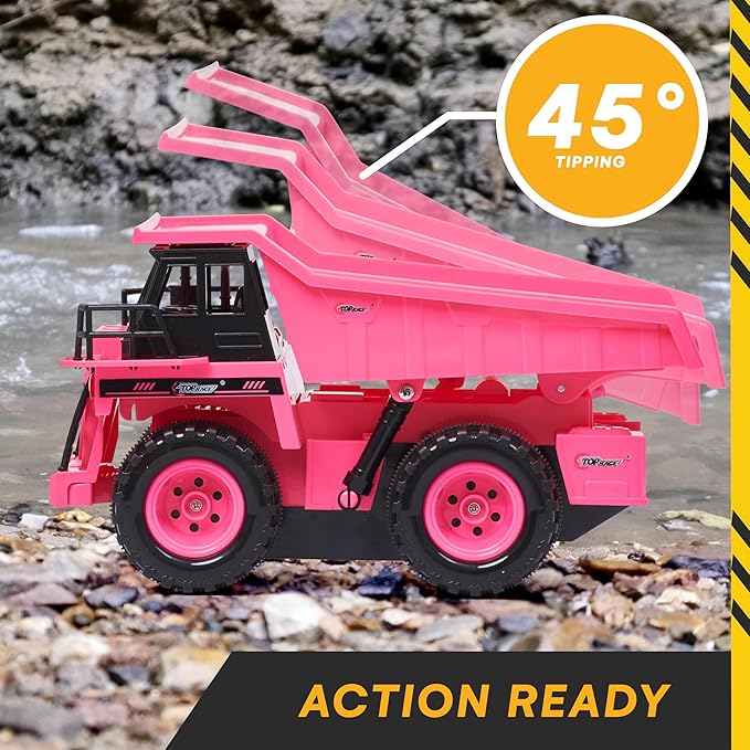 Top Race Remote Control Dump Truck - Pink - 4WD RC Dump Truck with Interactive Lifting Bed, Realistic Design, Powerful Engine, and Durable Non-Toxic Plastic Build for Safe and Fun Play