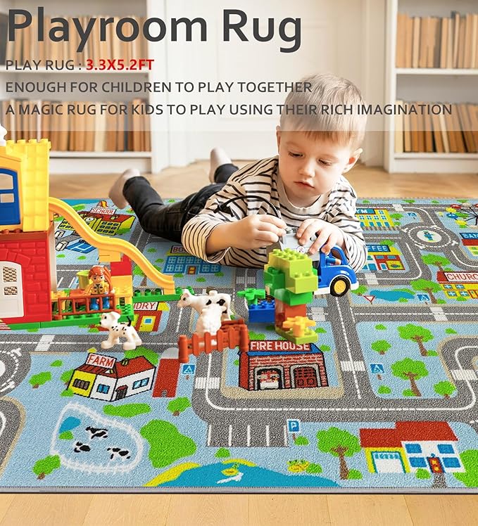 Educational Road Traffic Carpet Kids Carpet Playmat Car Rug Fun City Life Map Kids Car Rug Non Slip Play Carpet for Children Playroom Bedroom Classroom Decor (Sky Blue, 5'2''x3'3'')