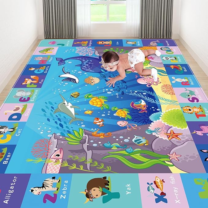 Baby Mat for Floor, Kids Play Rug, Playmat Crawling Tummy Time Mat, Non-Toxic Non-Slip Foldable Rugs Playroom (Sea Animals, 110.2X78.7 INCH) Blue