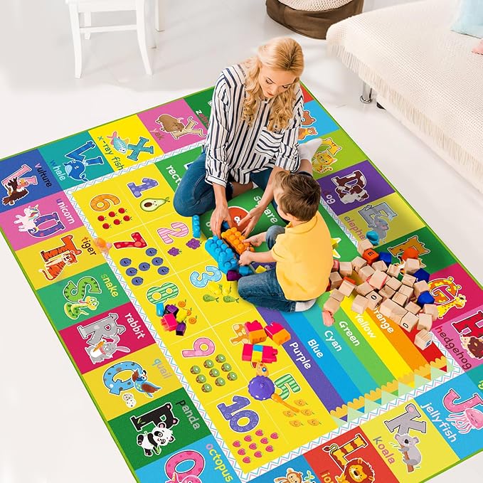 ABC Carpet, Kids Rugs for Playroom, Educational Play Mat for Kids, Preschool Rugs with ABC, Numbers, Animals Learning Rugs for Bedroom Playroom Classroom Baby Toddler Children (Yellow, 59X39.4 INCH)