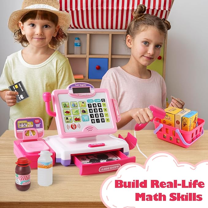Play Calculator Cash Register Toy Gift for Kids Girls Age 3, 4, 5, 6, 7, 8+ Year Old, 57 Pcs Pink Pretend Grocery Store Playset, Incl Microphone, Credit Card, Scanner, Fake Food, Play Money for Kids