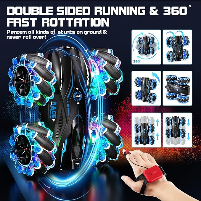 RC Gesture Sensing Stunt Car,2.4GHz 4WD Remote Control Car with Cool Light,Double Sided Rotating Off Road Vehicle 360° Flips Cars for 6-12 Year Old Boys Girls Birthday Presents(Blue)
