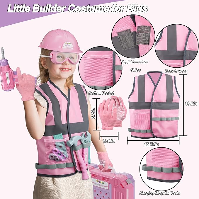 Kids Tool Bench Set,MAGIC4U 89PCS Toddler Tool Workbench with Electirc Drill 12 Tools Equipement,Safety Vest & Hat,Pretend Play Kids Construction Toys Gift for Girls Boys Age 3,4,5,6,7,8