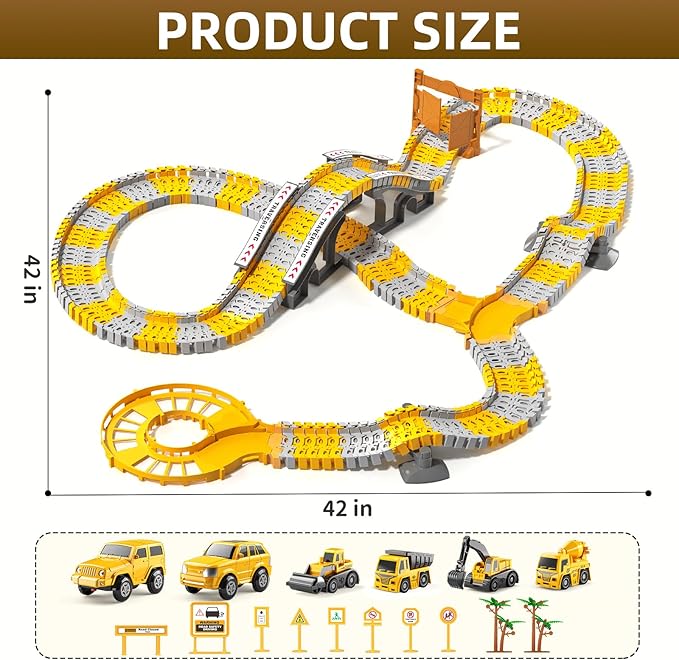 200 Pieces Construction Car Racing Track Playset for Kid 3 4 5 6 7 8 Years Old - Flexible Engineering Railway, Electrical Toy Car for Boy 3-9, Birthday Gifts for Toddler 3-5