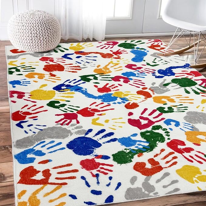 Colorful Handprints and Footprints Kids Rug Play Carpet, Washable Area Rug for Kids Bedroom, Non-Slip Play Mat Ultra Soft Thick Indoor Plush Rugs for Playroom Classroom Nursery Decor