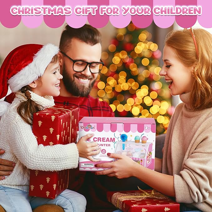 Dreamon Ice Cream Counter Playset for Kids, 38 PCS Wooden Ice Cream Set Shop for Toddlers 3-5, Toddler Pretend Play Toy, Christmas Birthday Gift for Boys and Girls