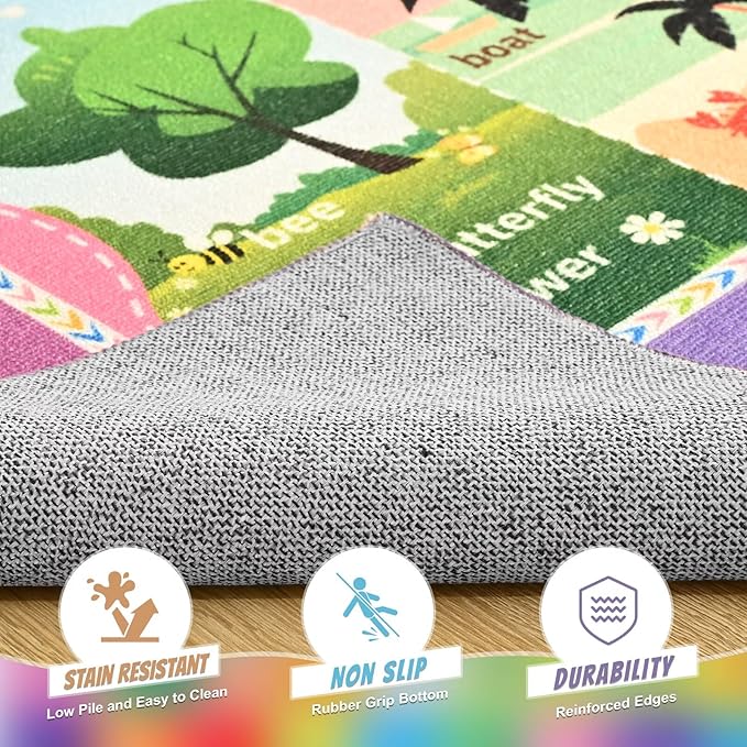 ABC Kids Rug for Playroom, 3x5 Pink Purple Washable Classroom Area Rugs, Toddler Educational Play Mat with Alphabet Numbers Seasons Shapes, Learning Fun for Preschool Children